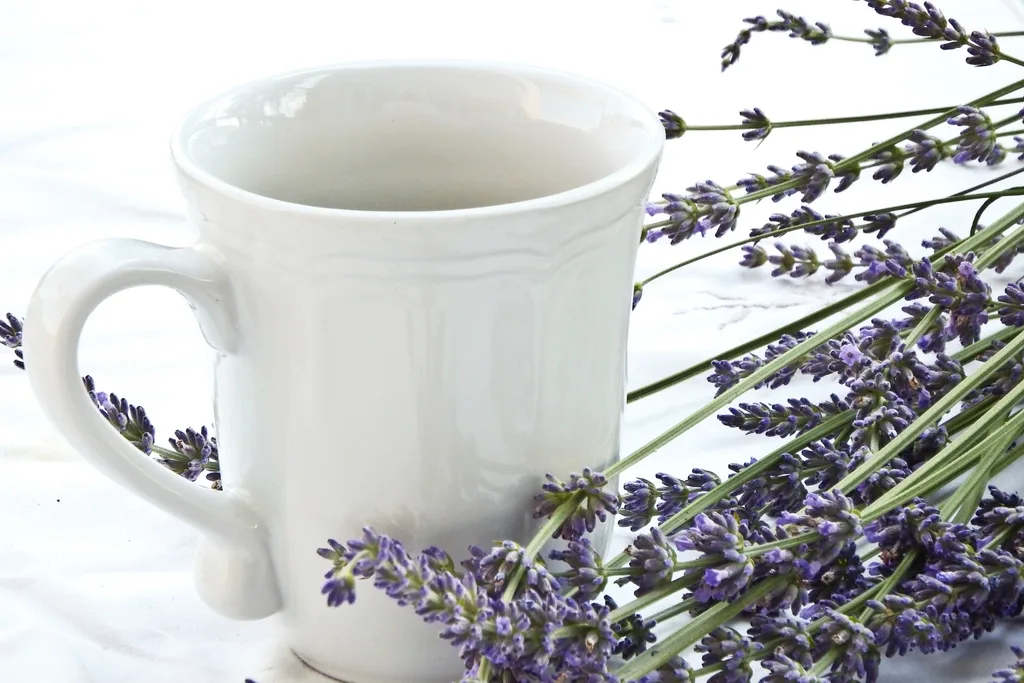 A white mug surrounded by sprigs of fresh lavender