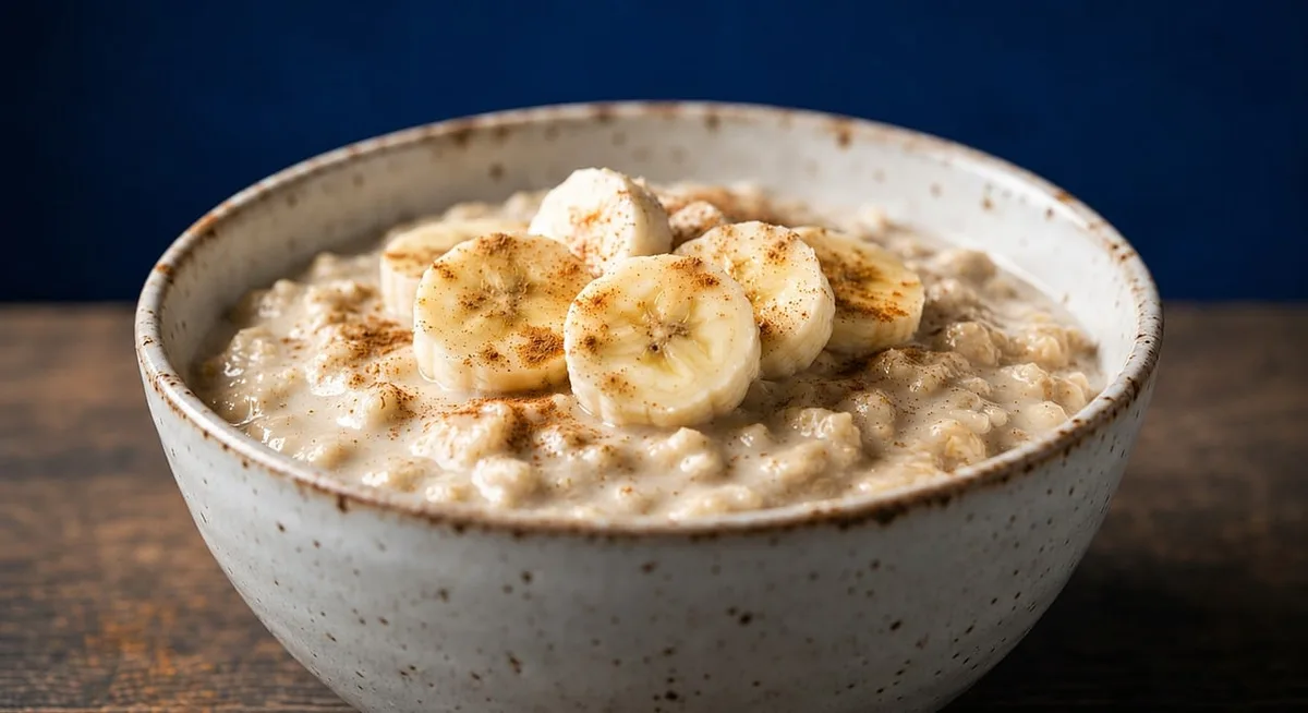 A bowl of cooked oat porridge topped with banana slices and a dusting of cinnamon