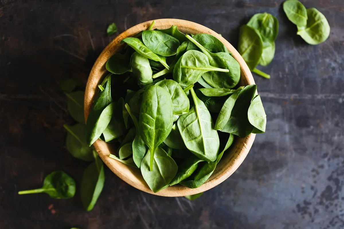 Fresh spinach leaves in a wooden bowl on a dark table