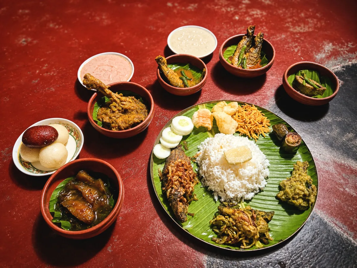 A Bengali meal of rice and fish on a banana leaf, surrounded by clay bowls of fish curries and sweets