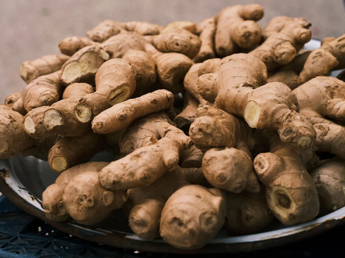 A tray piled with knobs of fresh ginger