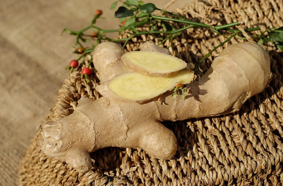 A knob of fresh ginger root with a few slices cut from it, resting on a woven basket