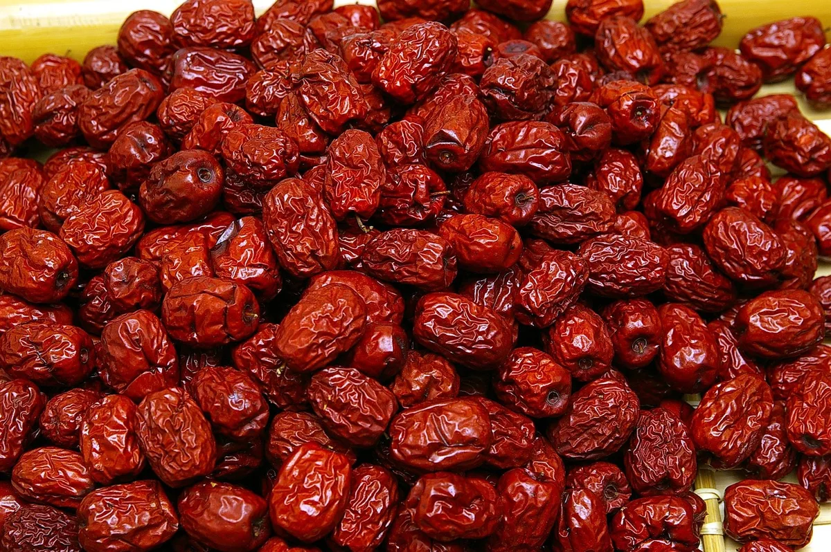 A pile of dried red jujubes, the dates that go into samgyetang with the rice and garlic